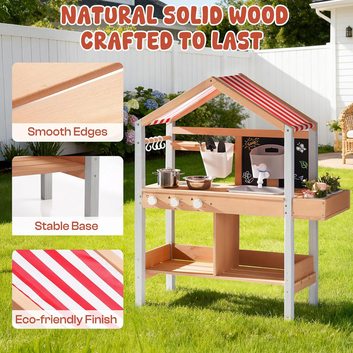 ROBOTIME Mud Kitchen Outdoor Spielset für Kinder, Spielküche mit abnehmbarem Pflanzkasten, Spüle, He