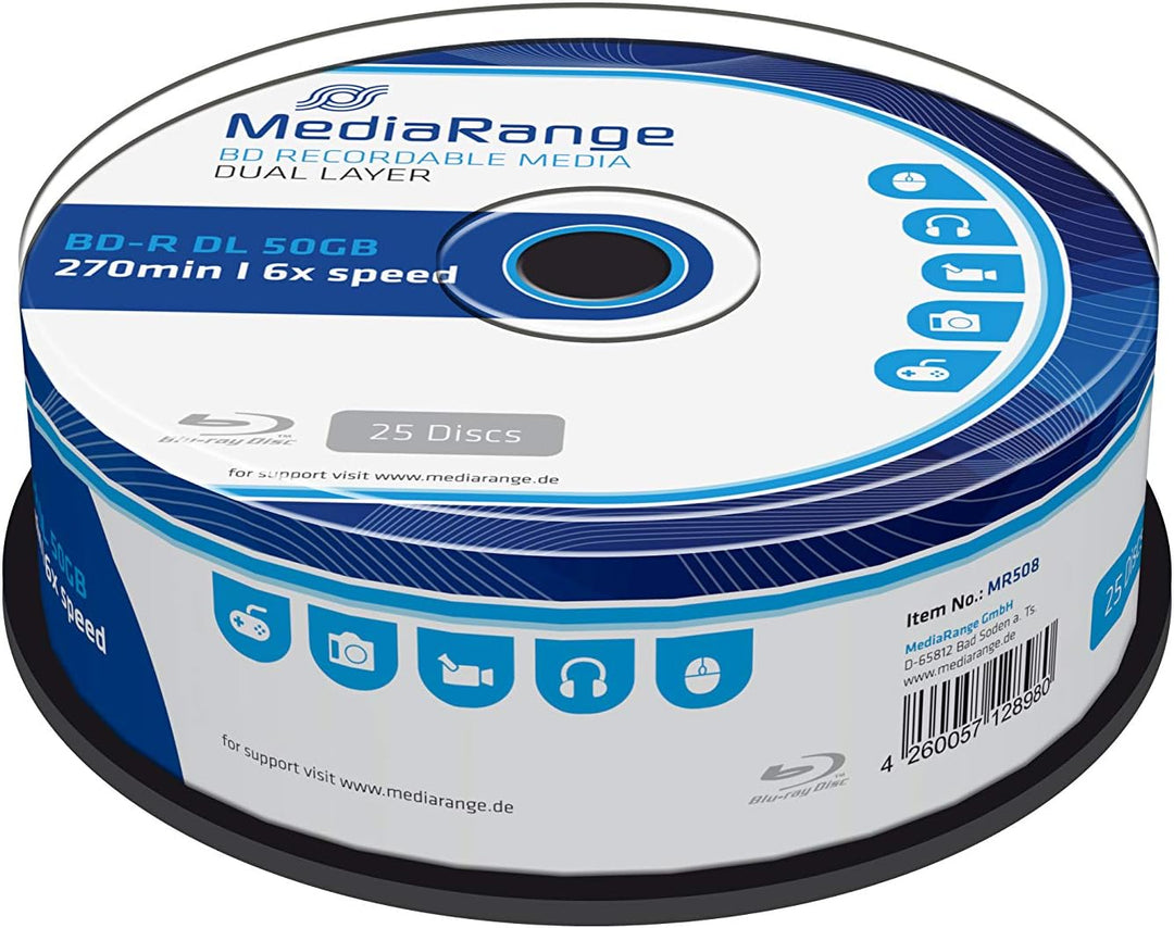 MediaRange BD-R Dual Layer 50GB 6-fache Schreibgeschwindigkeit, 25er Cakebox Cake 25 gelabelt