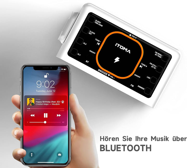 iTOMA Dual Wireless Charging Radiowecker mit Bluetooth Lautsprecher, FM Radio, Zwei USB Port, Dual A