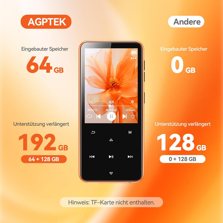 AGPTEK 64GB MP3 Player Bluetooth 5.3 mit 2,4" TFT Farbbildschirm, HiFi Musik Kinder MP3 Player mit L