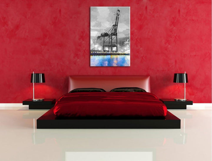 Riesger Hafen mit Kran Format: 100x70 auf Leinwand, XXL riesige Bilder fertig gerahmt mit Keilrahmen