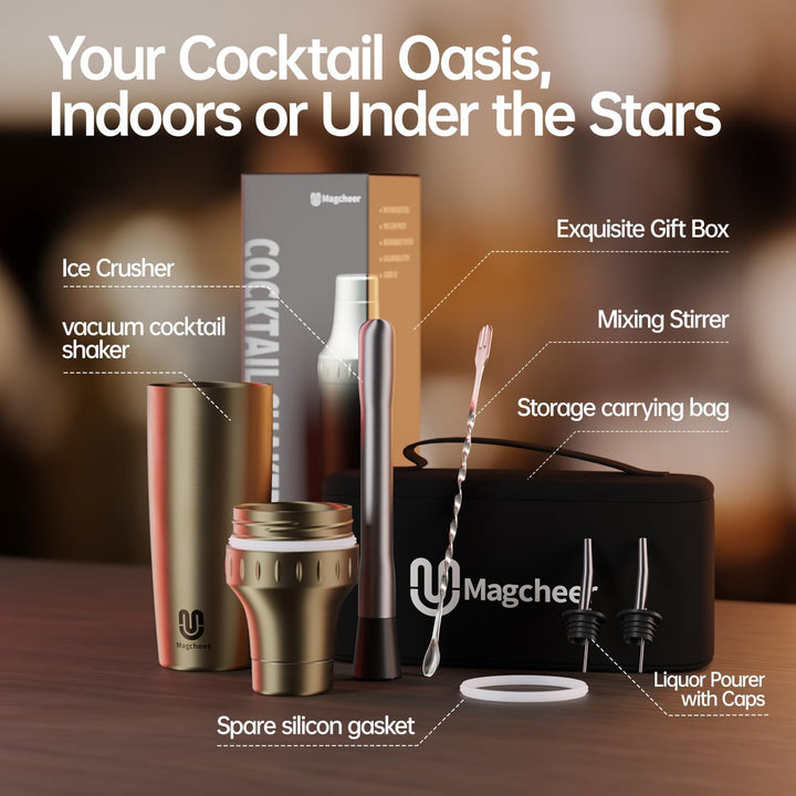 Cocktail Shaker Set mit Integrierter Massskala 900ml Premium Edelstahl Frostsicherer Doppelwand-Bark