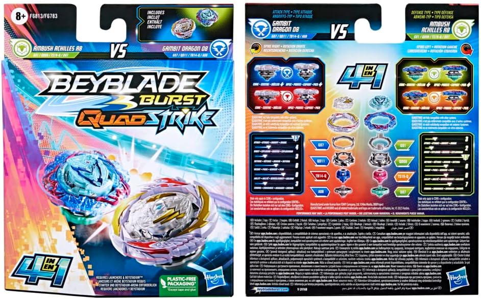 Beyblade Burst QuadStrike Gambit Dragon D8 und Ambush Achilles A8 Kreisel Doppelpack, Battle Kreisel