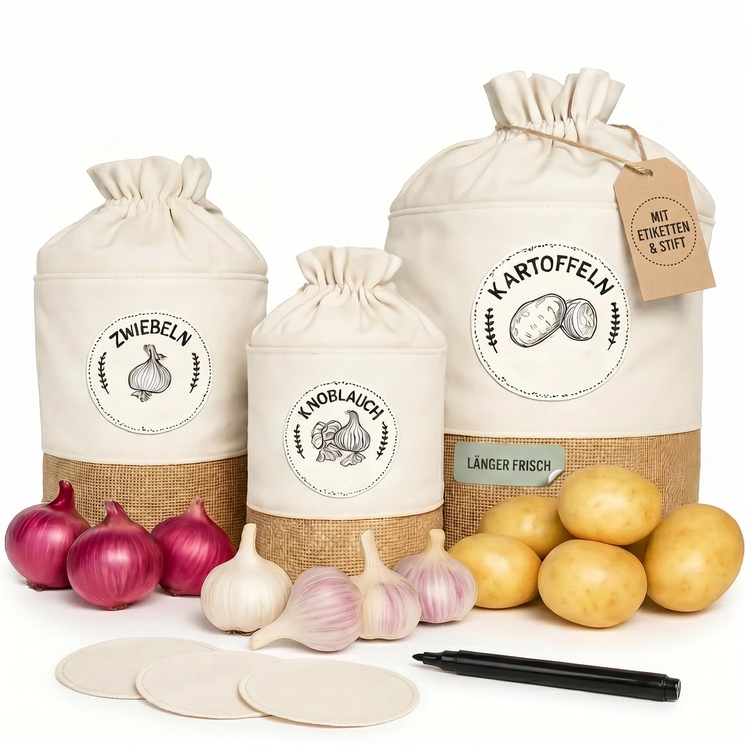 Valora® Kartoffel Aufbewahrungsbox 3er Set - Stoffbeutel für Kartoffeln, Zwiebel und Knoblauch Aufbe