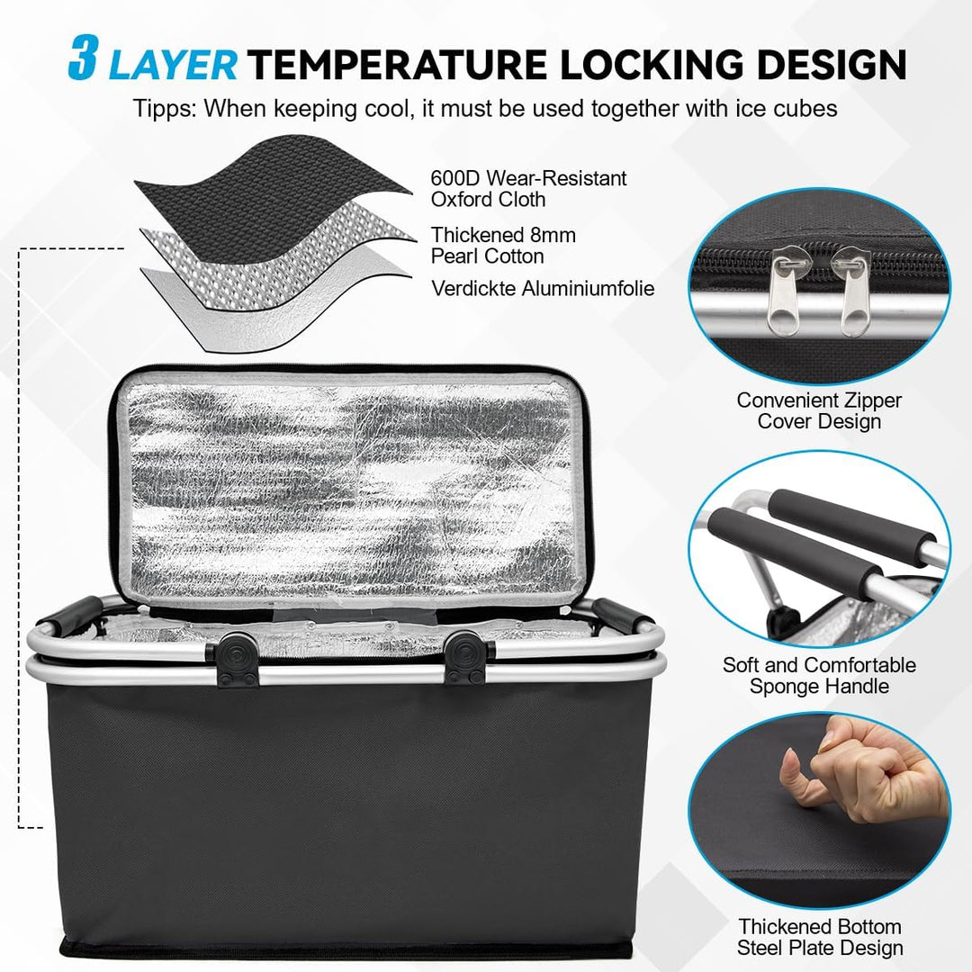Einkaufskorb 30L, Grosse Einkaufskorb Kühltasche Wasserabweisendes, Thermokorb Einkaufskörbe mit Alu