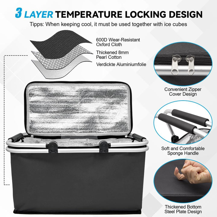Einkaufskorb 30L, Grosse Einkaufskorb Kühltasche Wasserabweisendes, Thermokorb Einkaufskörbe mit Alu