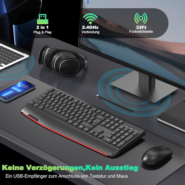 cimetech Tastatur Maus Set Kabellos, 2.4G Ergonomische Funktastatur mit Maus mit Handballenauflage u
