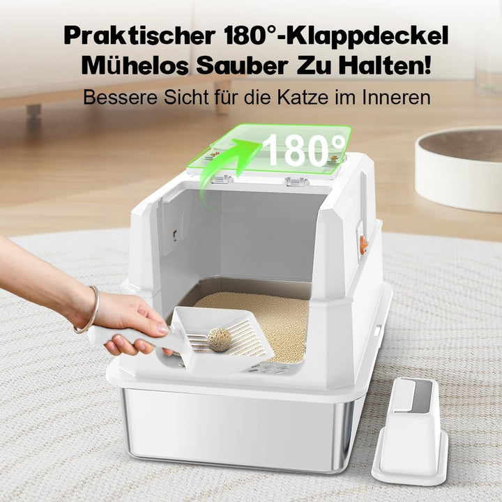 SZEE XL Edelsthal Katzenklo mit 180° Klappdeckel, Grosse Geschlossene Katzentoilette Edelstahl mit D