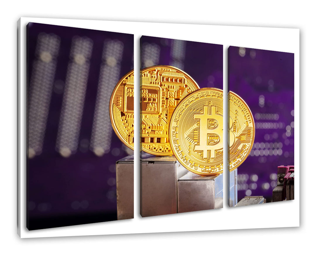 Bitcoin BTC auf Platineals Leinwandbild 3 teilig | Grösse: 120x80 cm | Wandbild | Kunstdruck | ferti