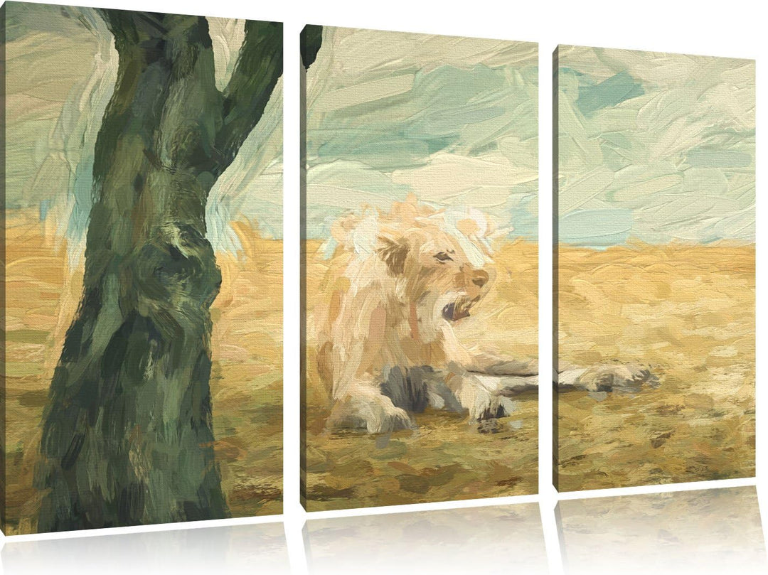 Pixxprint Löwin Ruhe Savanne Kunst Pinsel Effekt 3-Teiler Leinwandbild 120x80 Bild auf Leinwand