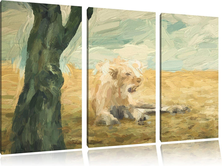 Pixxprint Löwin Ruhe Savanne Kunst Pinsel Effekt 3-Teiler Leinwandbild 120x80 Bild auf Leinwand