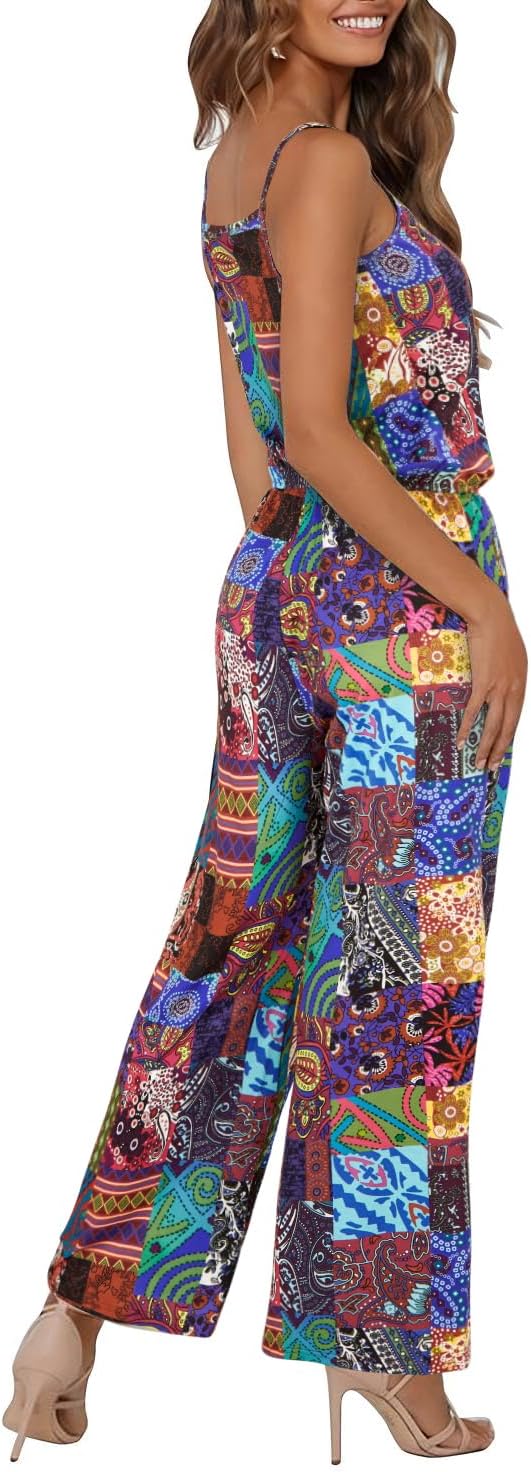OUGES Damen Sommer Ärmellos Jumpsuit Overall Lang Hosenanzug Casual Playsuit Romper mit Taschen L Fl