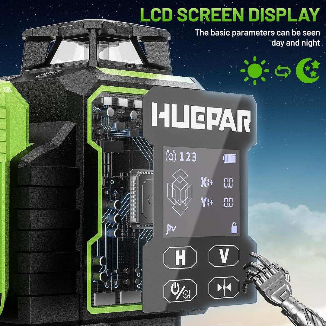 Huepar 2024 New Edition W04CG 4D Laser-Wasserwaage, LCD-Display Laser-Wasserwaage mit drehbarer Moto