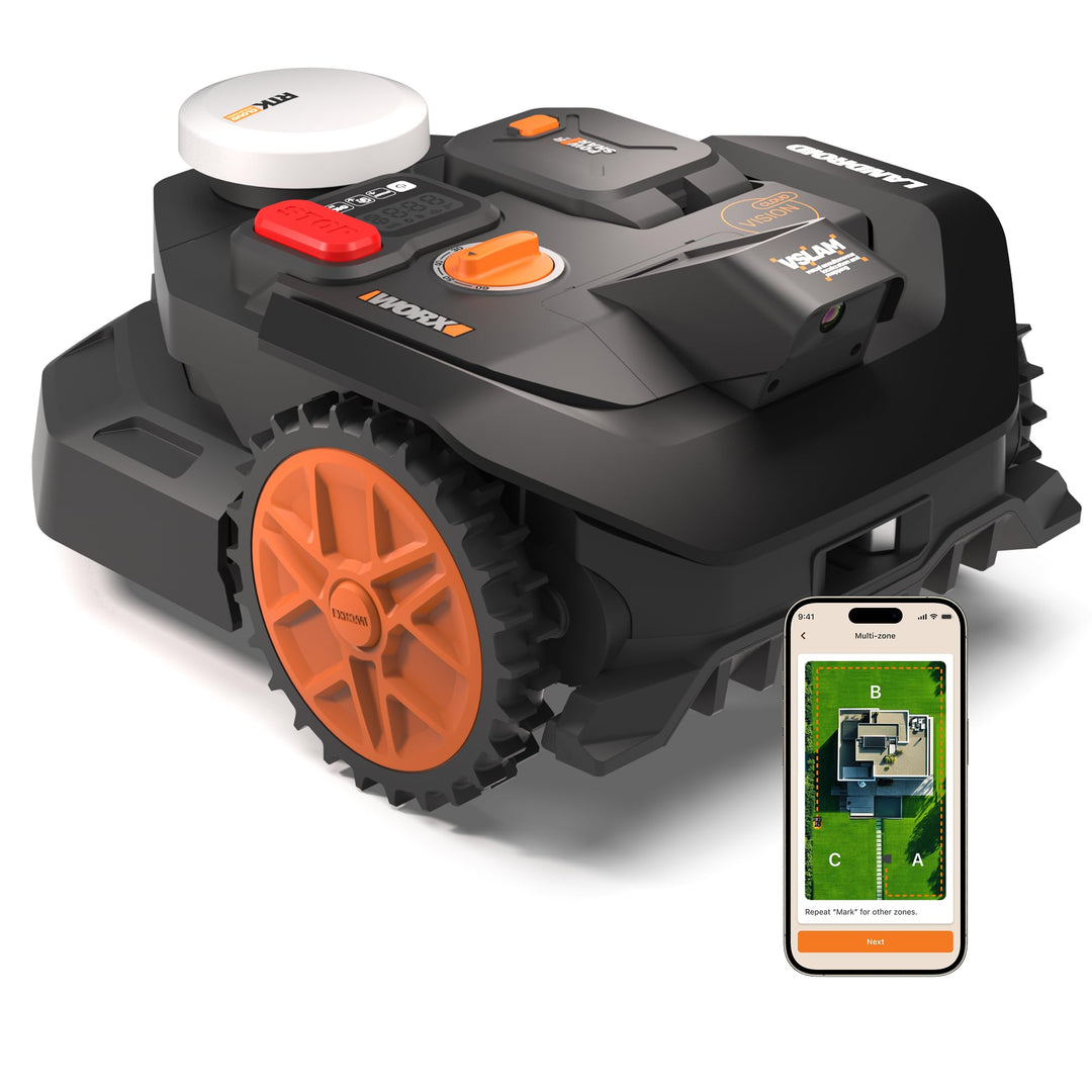 Worx Landroid Vision Cloud WR304E 2WD Mähroboter mit Garage, kabelloser Rasenmähroboter für bis zu 4