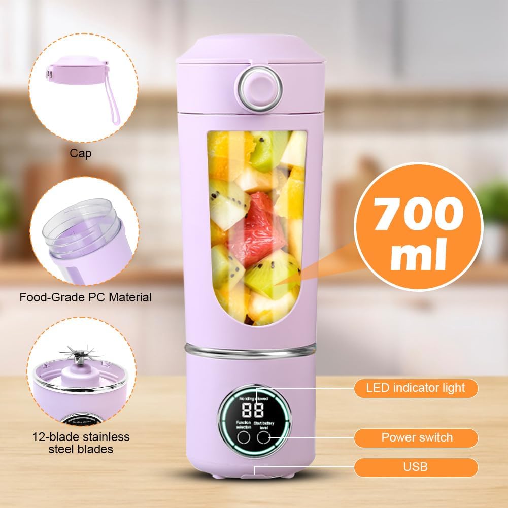 700 ml Tragbarer Mixer, Wiederaufladbarer Kleiner Entsafter, Smoothie Maker mit 12 Rostfreien Klinge