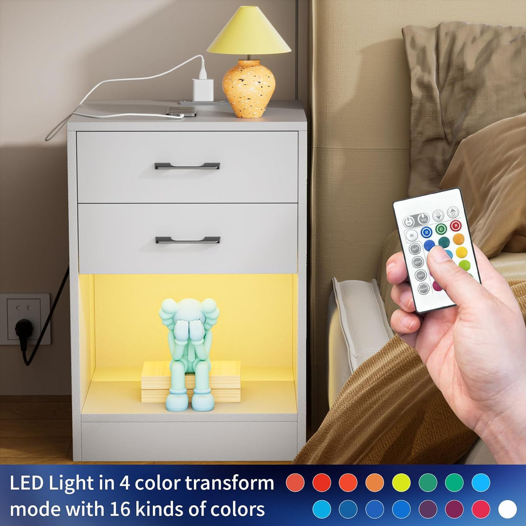 PIPIPOXER Nachttisch mit LED Licht,Beistelltisch mit Steckdose und USB Anschlüsse in Schwarz,Nachtti