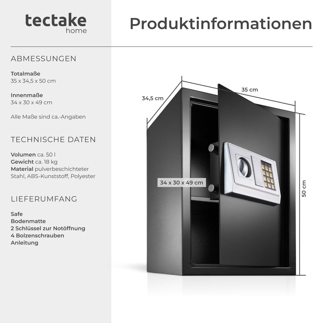 tectake® elektronischer Safe, Tresor für Zuhause, mit Sicherheitscode, mit Schloss und Notfall Schlü