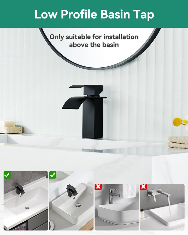 ANYCEE Wasserfall Wasserhahn Bad Schwarz mit Einhebel, Waschtischarmatur Schwarz mit Auslauf Höhe 8,