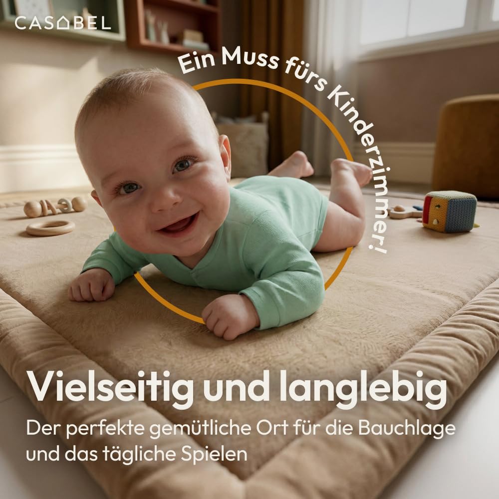 CASABEL Baby Spielmatte aus Samt in Cremeweiss 120×120 cm, Dick und weich, bequemer Schaumstoff, rut