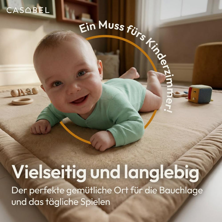 CASABEL Baby Spielmatte aus Samt in Cremeweiss 120×120 cm, Dick und weich, bequemer Schaumstoff, rut