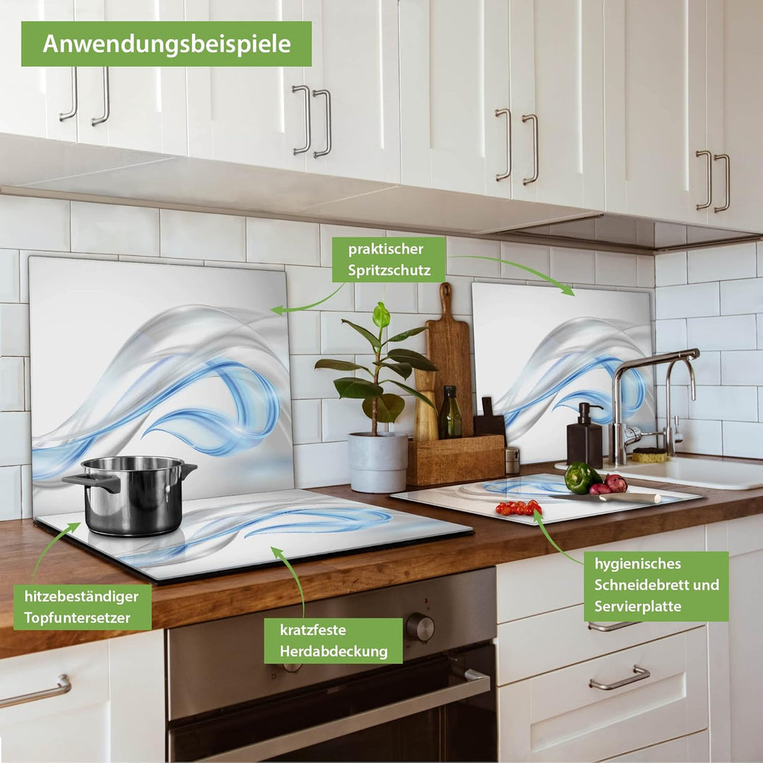 banjado® Herdabdeckplatte Glas 1-teilig 60x52 cm/Schneidebrett Herdabdeckung mit Motiv Blauer Schlei