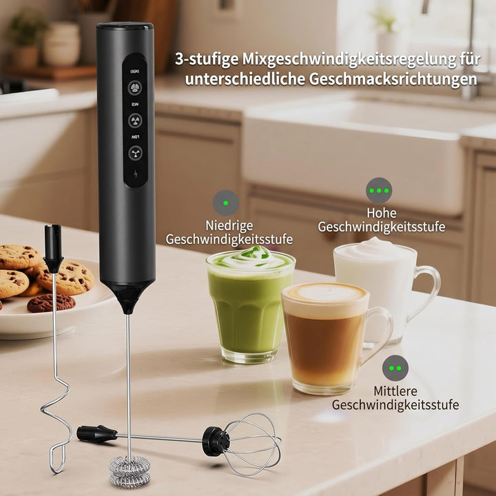 Wiederaufladbarer Hand-Milchaufschäumer mit Ständer, 3 variable Geschwindigkeiten, 3 Quirlaufsätze,