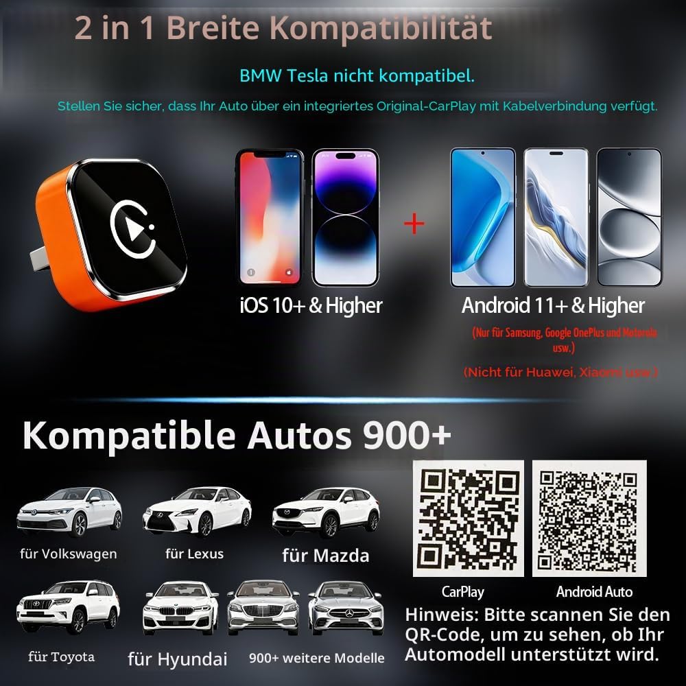 2 in 1 Wireless CarPlay Adapter, Kabelgebunden auf Kabellos, Mini USB Design für Autos mit CarPlay,