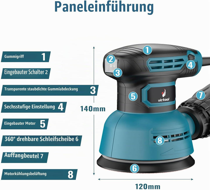 Exzenterschleifer 300W, 6 Geschwindigkeiten 12.000 U/min, Staubsammeldesign, 125mm Eccentric Sander