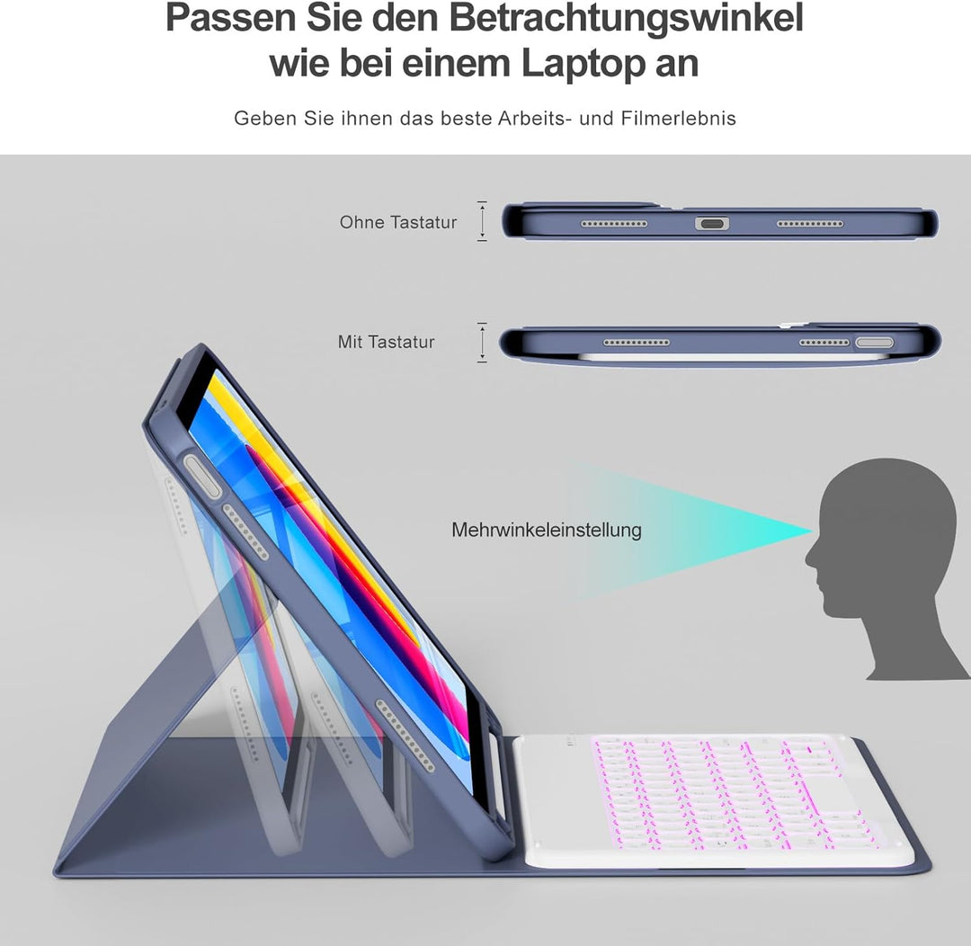 Hülle mit Tastatur für iPad A16 11/10 Generation (2025/2022, 11/10.9 Zoll), 7 Farben Beleuchtete Abn