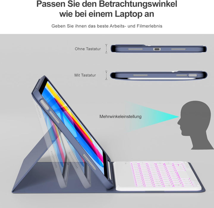 Hülle mit Tastatur für iPad A16 11/10 Generation (2025/2022, 11/10.9 Zoll), 7 Farben Beleuchtete Abn