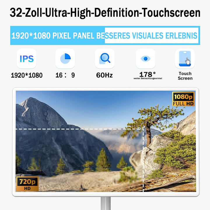 OFD 32 Zoll FHD Smart Portable TV auf Rädern,Rolling TV 1080P Touchscreen Android 15 OS Monitor,6GB