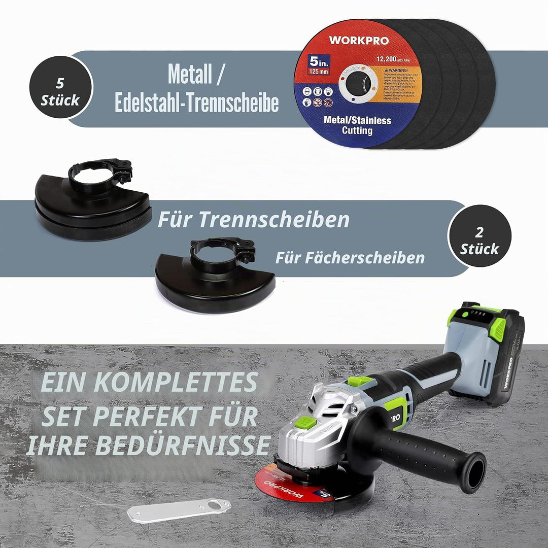WORKPRO Winkelschleifer, kabellos, 20 V, mit Akku 4,0 Ah, Ø125 mm, elektrischer Schleifer, kabellos,