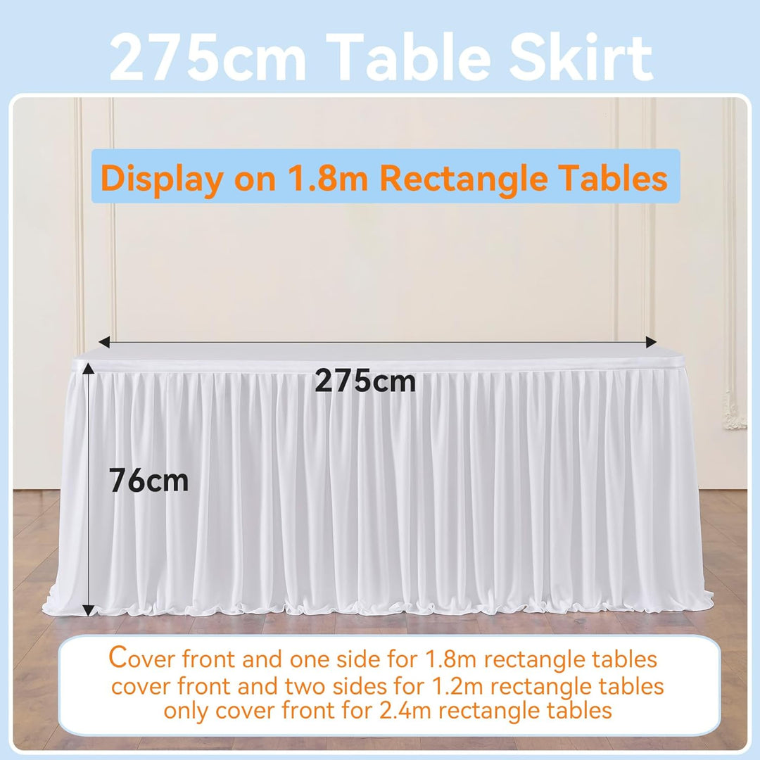 NSSONBEN 275cm White Polyester Table Skirts for Rectangle Tables, Wrinkle Free Ruffle Pleats Cloth T