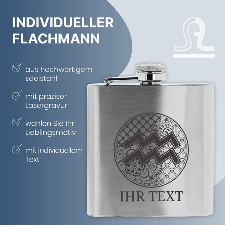 personalisierbarer Flachmann aus Edelstahl mit Name – Sternzeichen Waage Zentangle – Taschenflasche