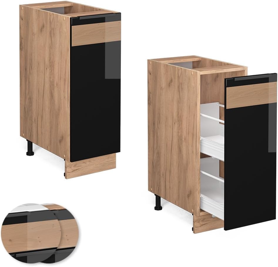Vicco Apothekerschrank Fame-Line, Schwarz-Eiche Hochglanz/Goldkraft Eiche, 30 cm ohne Arbeitsplatte