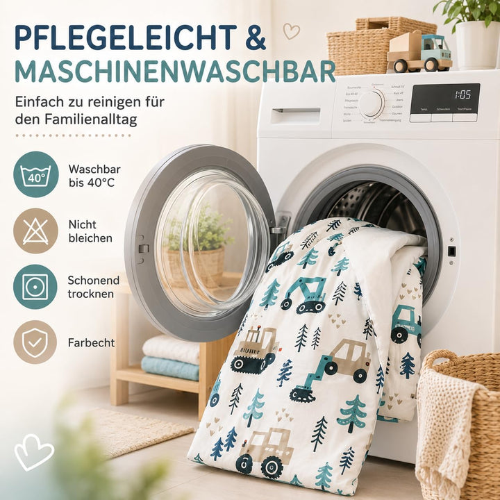 DJDEA Bagger Kinderbettwäsche 135x200 Junge Weich Mikrofaser | Baustellen Motiv Bettwäsche Kinder mi