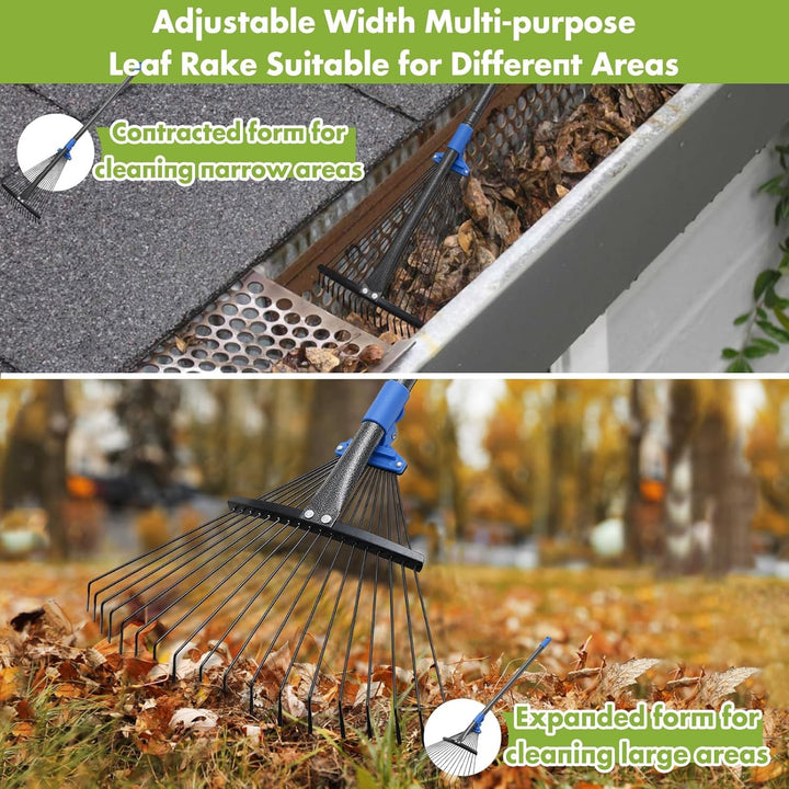 Gartenrechen Laubrechen, 18-zinkiger Metallrechen mit verstellbarem Kopf 25-45 cm, Rasenrechen Laubb