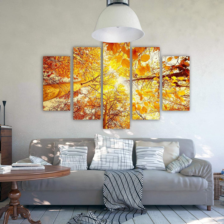 Leinwandbild 5 Teilig Landschaft Bild Wanddeko Herbst Bäume Blätter orange 200x100 cm Leinwandbild 2