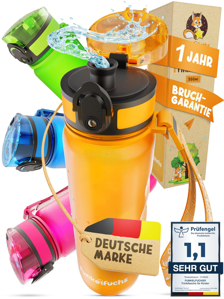 Funkelfuchs® - Trinkflasche für Kinder – 500ml, Orange – Kohlensäure geeignet - 100% auslaufsicher –