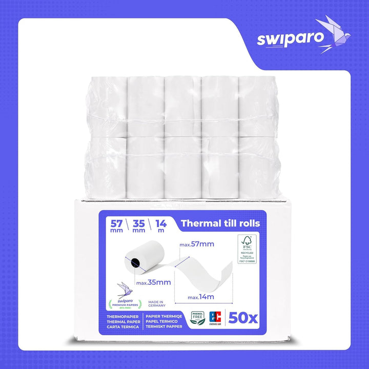 SWIPARO - Ec-Cash Thermorollen 57mm x 14m x 12mm - Kassenrollen - Thermopapier - Bonrollen für Banko
