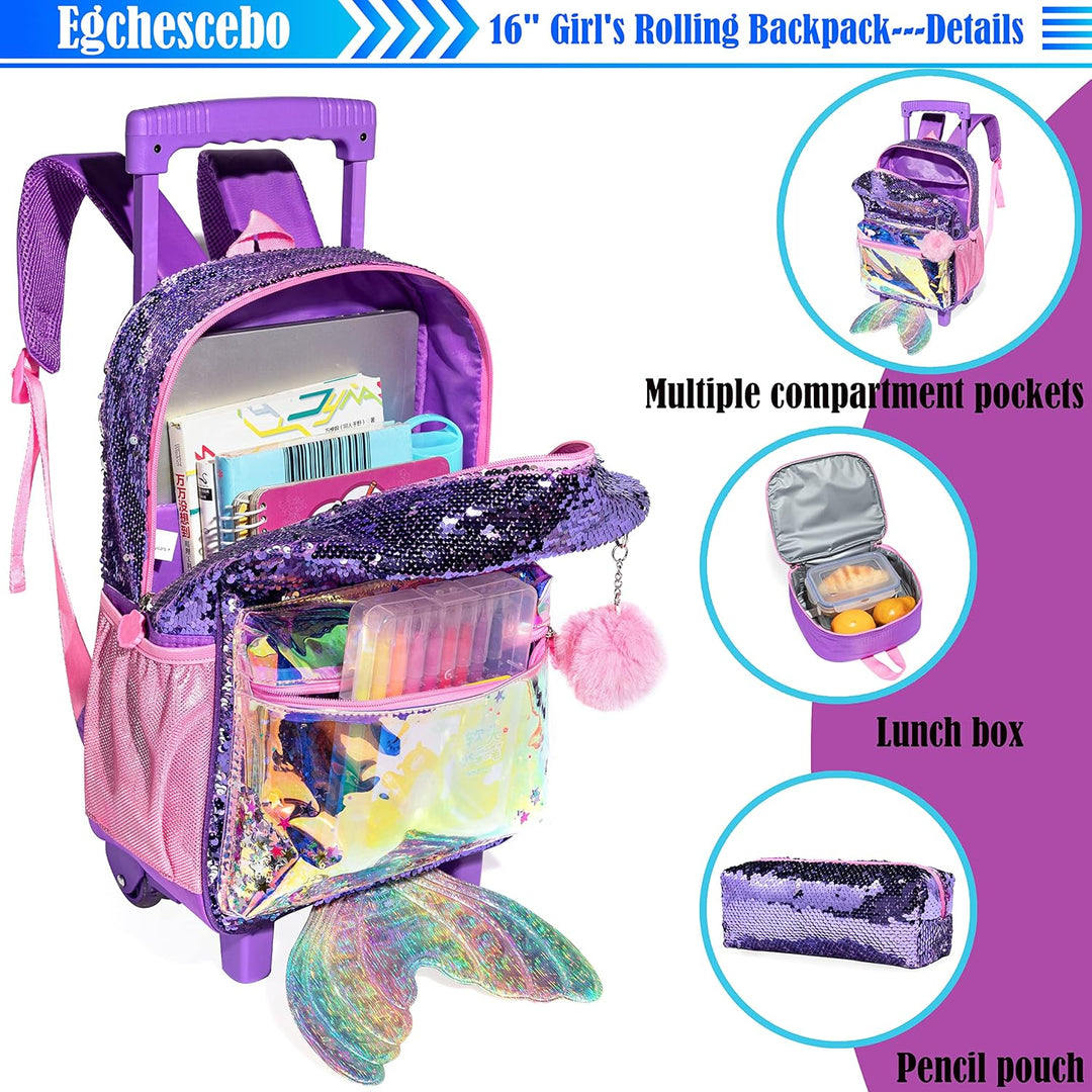 Schulranzen Kinder Rollrucksack für Mädchen Gepäck Rollen 16" Reiserucksäcke Violett-yuwei, Violett-