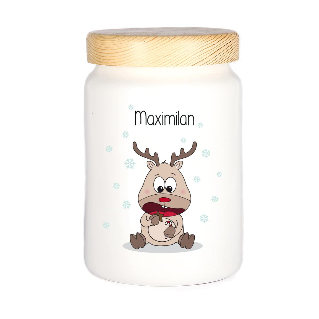 Herz & Heim® Keksdose personalisiert mit Ihrem Wunschnamen zu Weihnachten für Ihre Plätzchen (Rentie