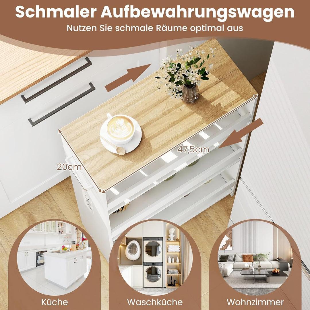 COSTWAY Nischenwagen 20cm breit, 4 Etagen Küchenwagen schmal mit Ladestation, Nischenregal auf Rolle