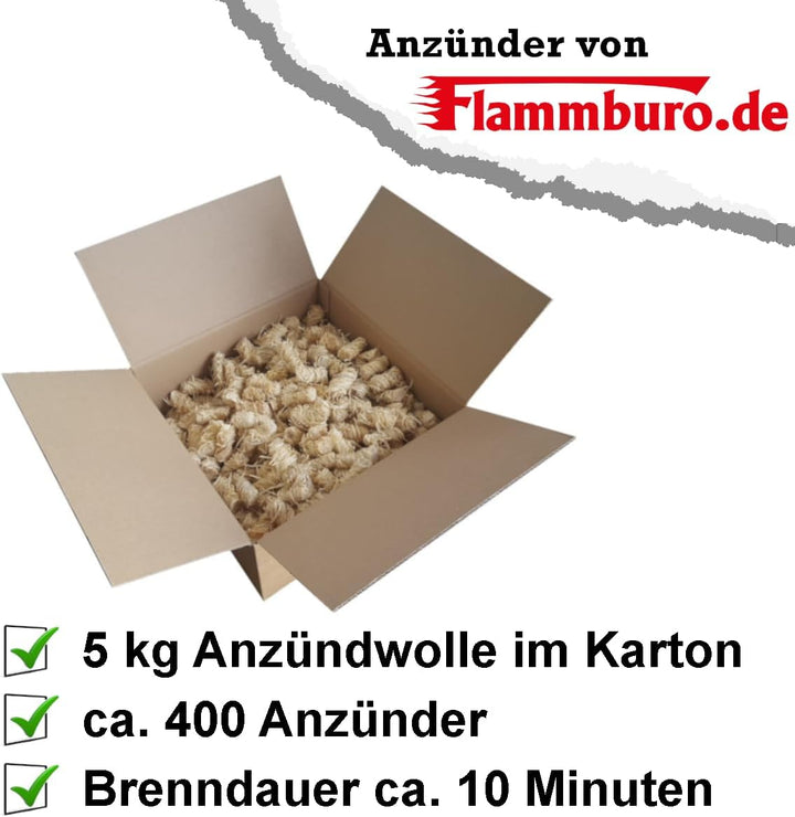 FLAMMBURO (5kg = ca. 400 Stück) Anzündwolle für Kamin, Ofen und Grill – Ökologischer Holzanzünder, K
