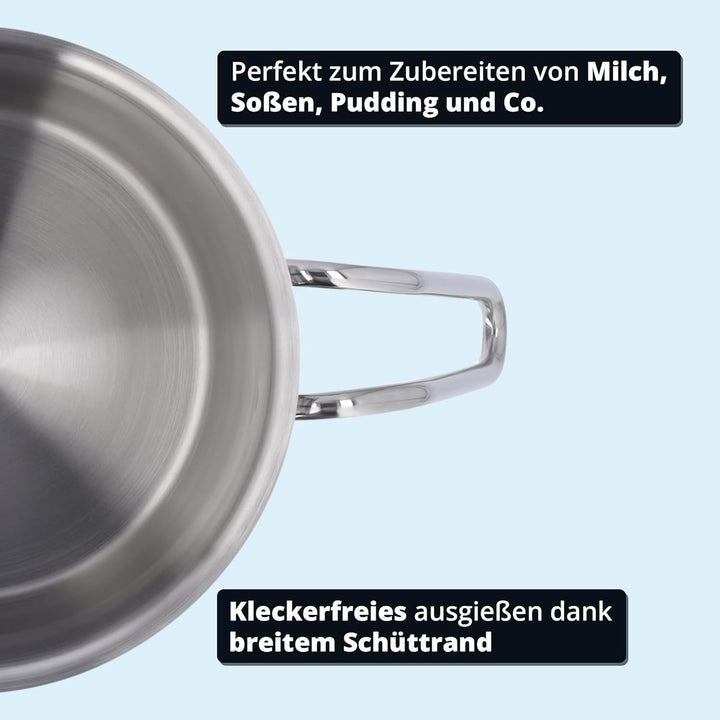 KHG Topf Kochtopf Milchtopf 14 cm Induktion, Edelstahl unbeschichtet | 11,5 cm hoher Rand, 1,5 Liter
