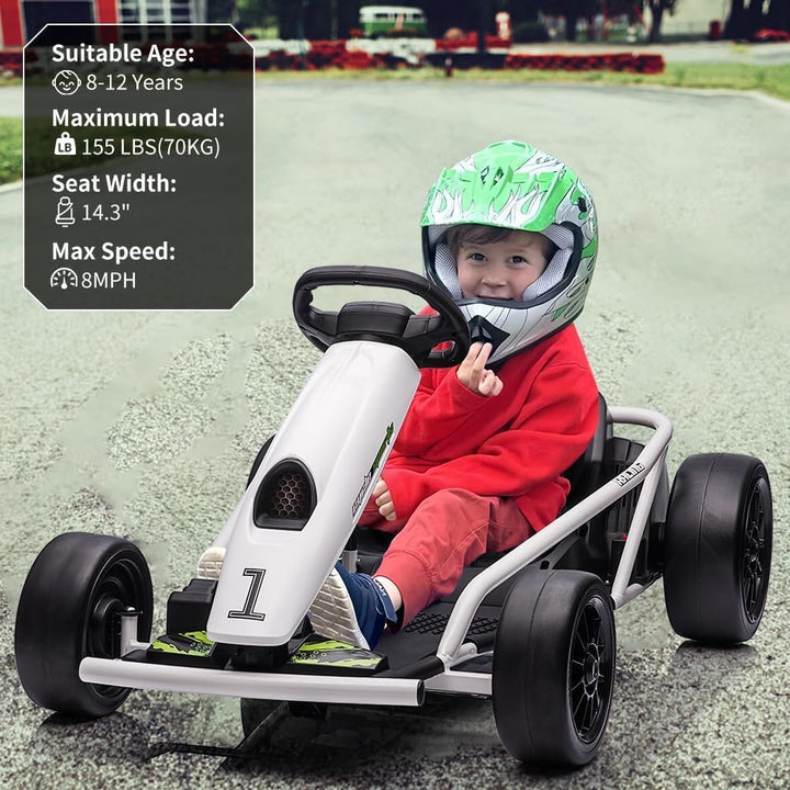 Elektrisches Go-Kart Weiss 24V für Kinder, Drift Kart mit 2×12V 9Ah Akku, Verstellbarem Sitz, Vor- u