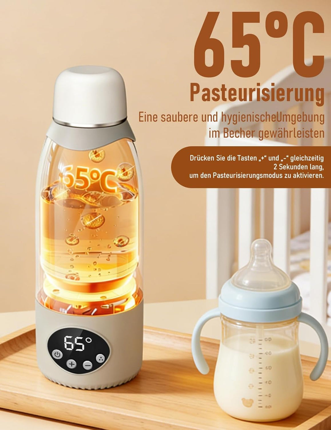 Tragbarer Flaschenwärmer für Baby unterwegs, 500ml Babyflaschenwärmer, 320W Schnellwärmung，unterstüt