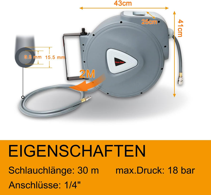 Lospitch Druckluftschlauch Aufroller automatisch 30m Schlauchtrommel 1/4" Anschluss Wandschlauchhalt