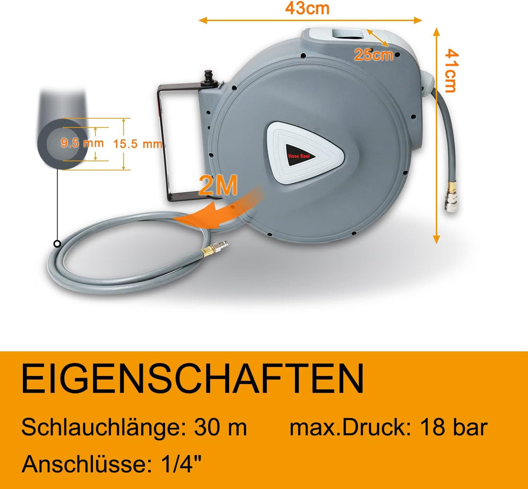 Ansobea Druckluftschlauch, 30m Kompressor Schlauchtrommel Automatik Druckluftschlauchtrommel Aufroll
