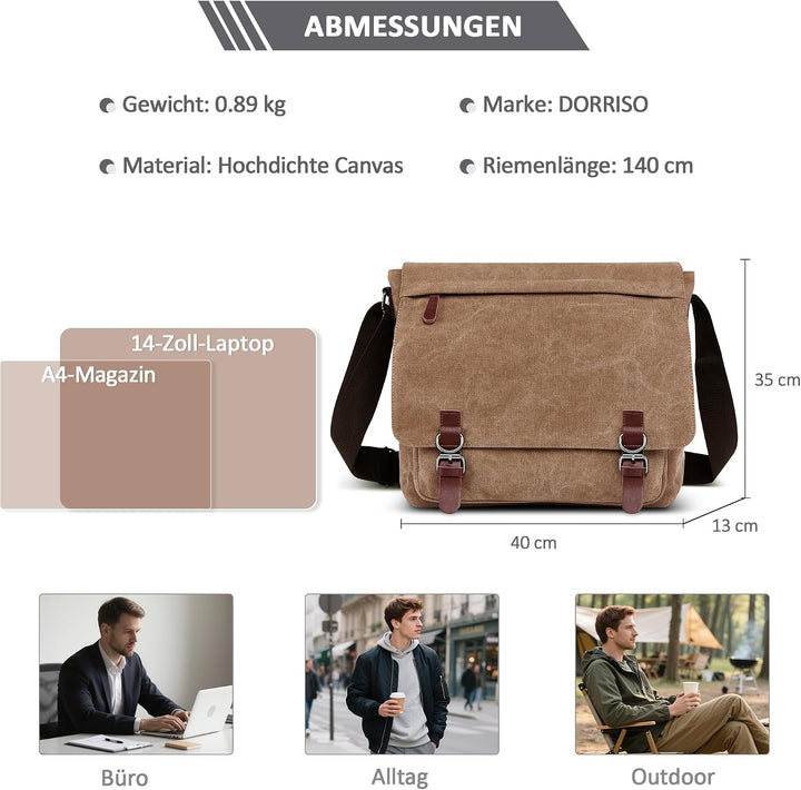 DORRISO Herren Umhängetasche Mode Schultertasche Leinwand Schultertaschen für 13.3 Zoll Laptop Kurie